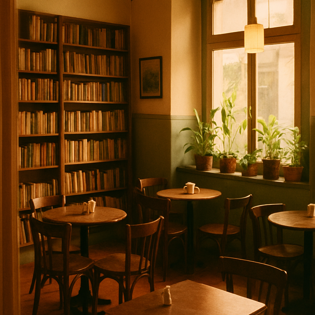 Interior acolhedor de um café português com estantes de livros e plantas junto à janela